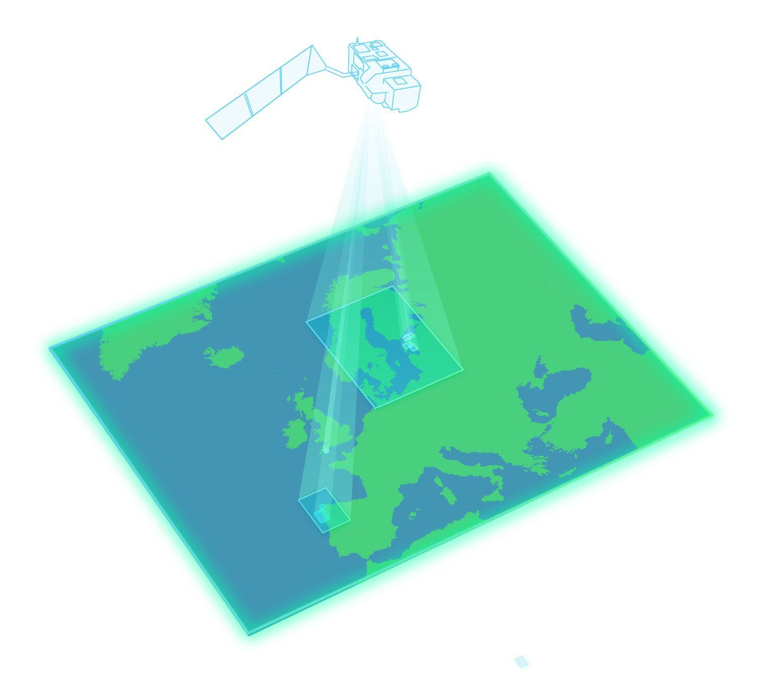 Illustration showing the satellite passing over Europe - with the areas of the project indicated over plymouth, the baltic and iberia peninsula